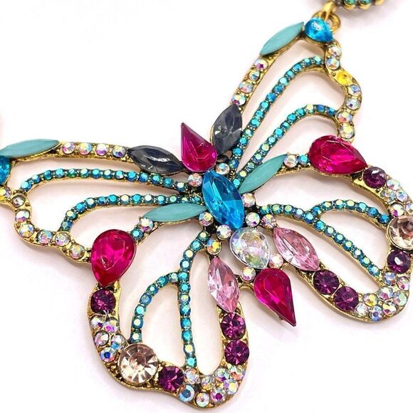 Large Yellow Gold with Colorful Crystal Dangling Post Back Butterfly Earrings - Picture 5 of 9